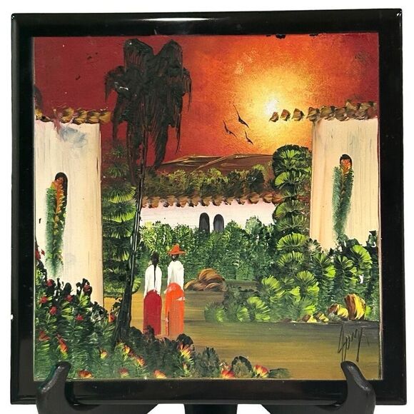 Interceramic Hand Painted Tile 8"x 8" Mexico Oil Painting Tropical Sunset Signed - Picture 2 of 6